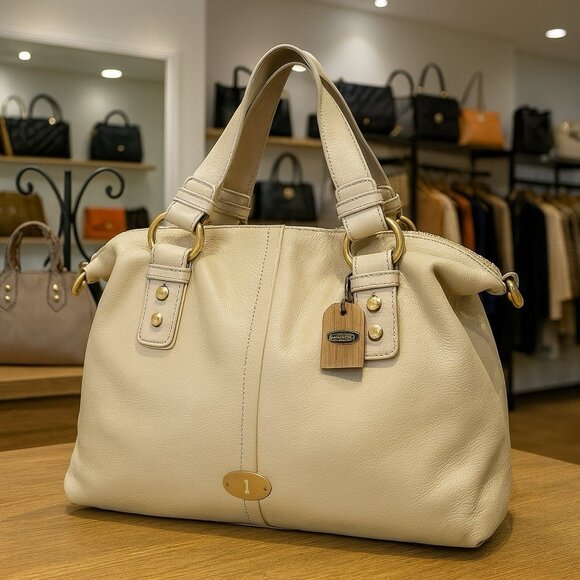 NEW Fossil Cori Satchel Shoulder Bag Ivory Leather Zipper Closure Capsule Luxury - Picture 1 of 15